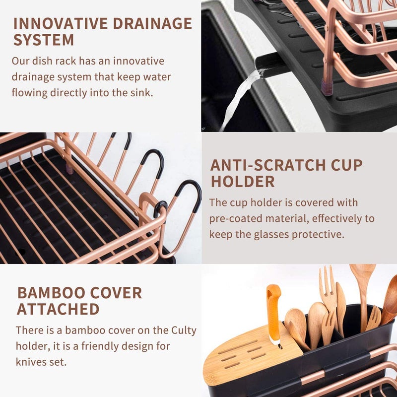 BRIAN & DANY Aluminum Dish Drying Rack, Dish Racks for Kitchen Counter, Dish Drainer with Removable Cutlery Holder & Cup Holder, Unique 360Â° Swivel Spout Drainboard, 16.5" L x 11.8" W, Golden - Image 2